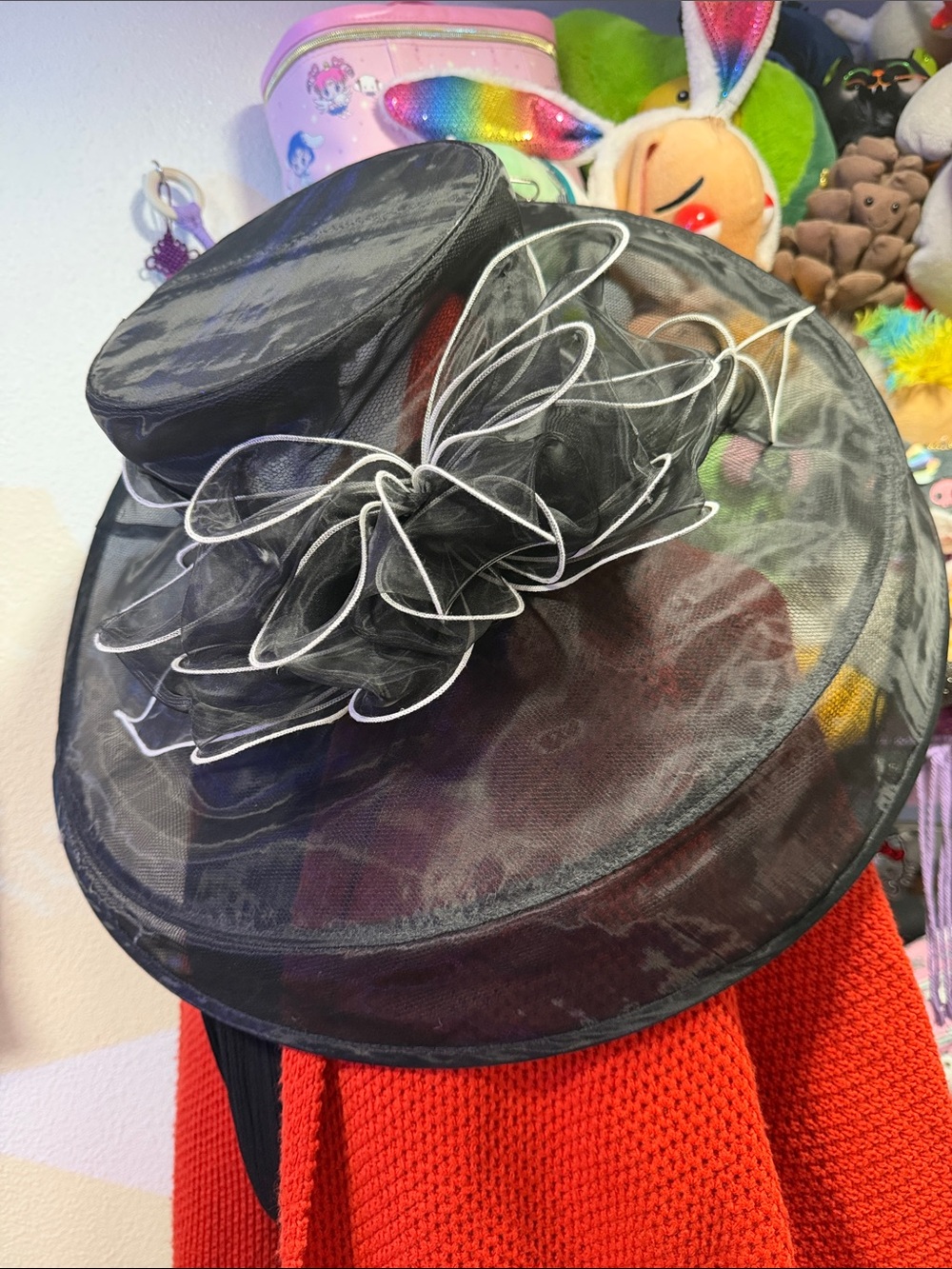 Scala Brand Elegant Black Wide-Brim Organza Hat with Decorative Trim